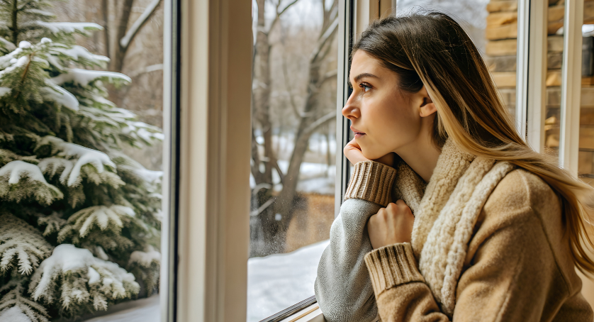 A person looking out the window in the winter who is experiencing Seasonal Affective Disorder. 