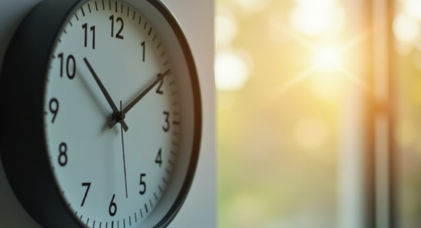 A clock with the sun in the background for daylight savings.